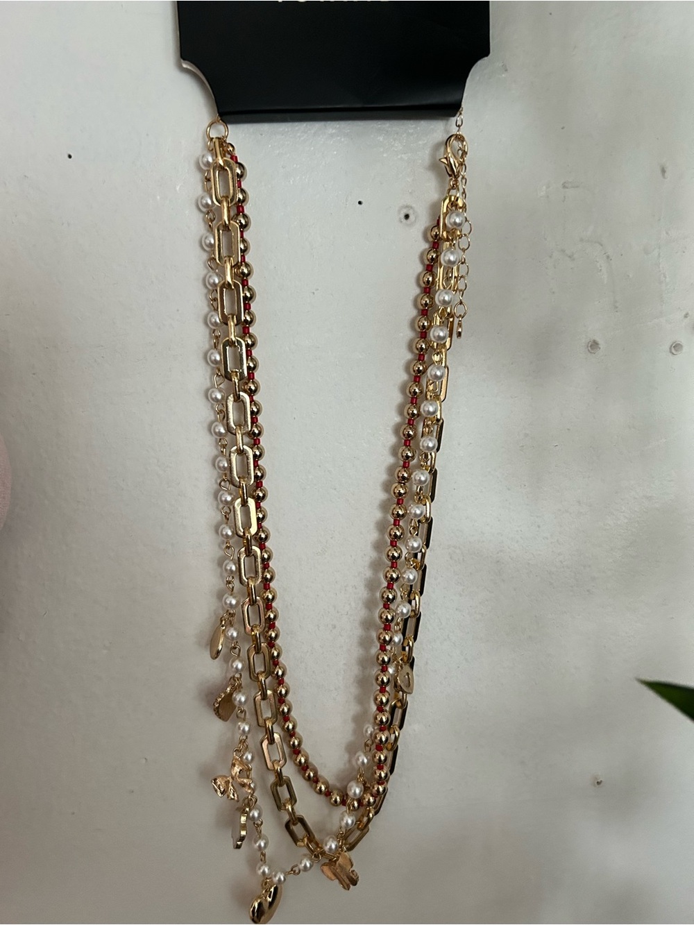 torrid Gold Layered Chain Necklace with Red Beads and Pearl Accents